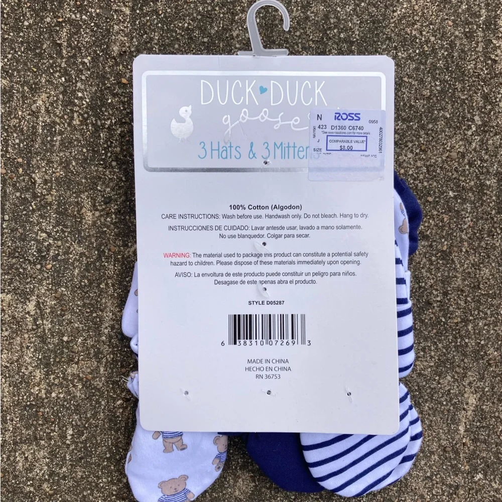 Infant Baby Boy Navy Blue and White 3-Baby Hats and 3-Mittens Set (J)